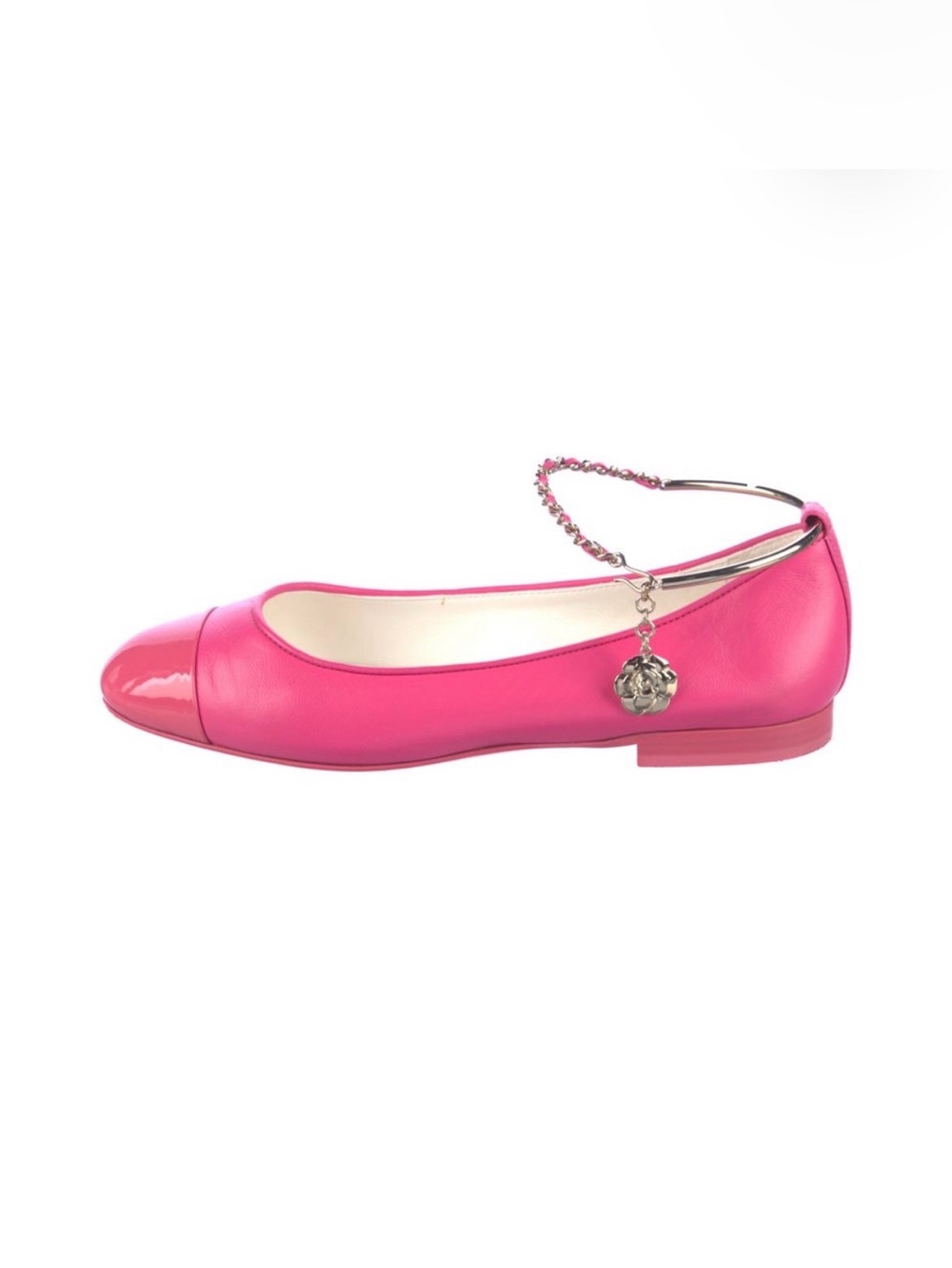 CHANEL Hot Pink Leather Ballet Flat with Chain Charm Ankle Strap